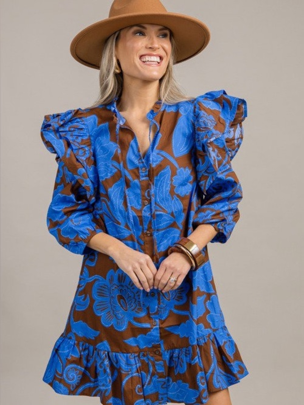 SUGARLIPS Ofelia Blue Floral Puff-Sleeve Ruffle Hem Dress